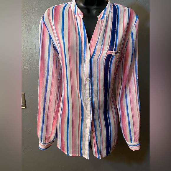 KUT From The Cloth Semi Sheer Jasmine Watercolor Striped Semi Sheer Blouse - Picture 2 of 16